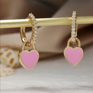 NEW Pink Enamel Heart Drop Gold Plated Crystal Earrings